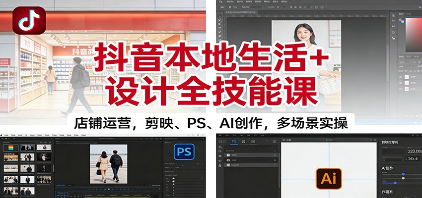 抖音本地生活+设计全技能课:店铺运营,剪映、PS、AI创作,多场景实操